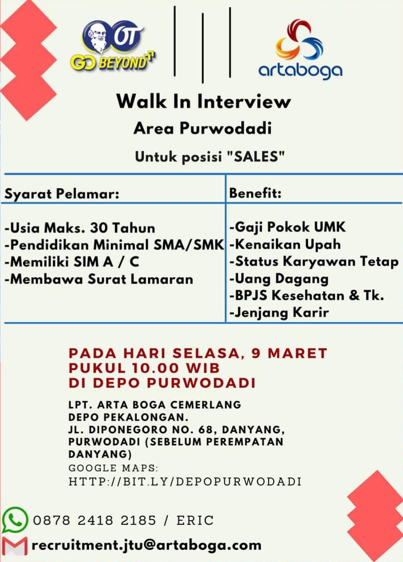 Dibuka Lowongan Pekerjaan untuk Posisi "SALES" Area Purwodadi dapat hadir untuk seleksi: pada tanggal 9 Maret 2021 pukul 10.00 WIB hingga selesai Di Depo Purwodadi Jl. Diponegoro No. 68, Danyang, Purwodadi (Sebelum Perempatan Danyang) Jangan lupa untuk membawa surat lamaran, fc ijazah dan ktp  ya....