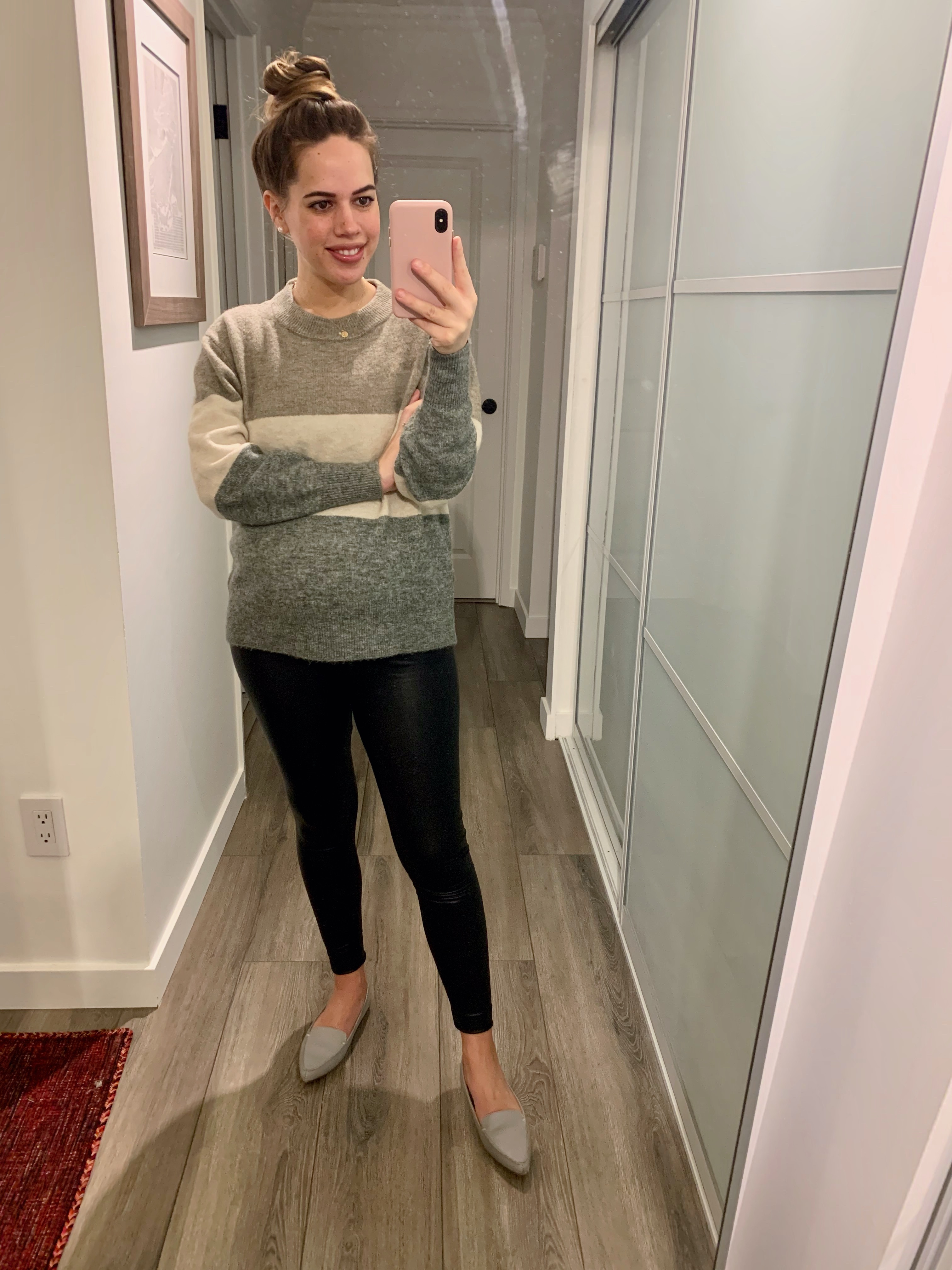 Jules in Flats - Faux Leather Leggings + Colour Block Sweater (Business Casual Workwear on a Budget)