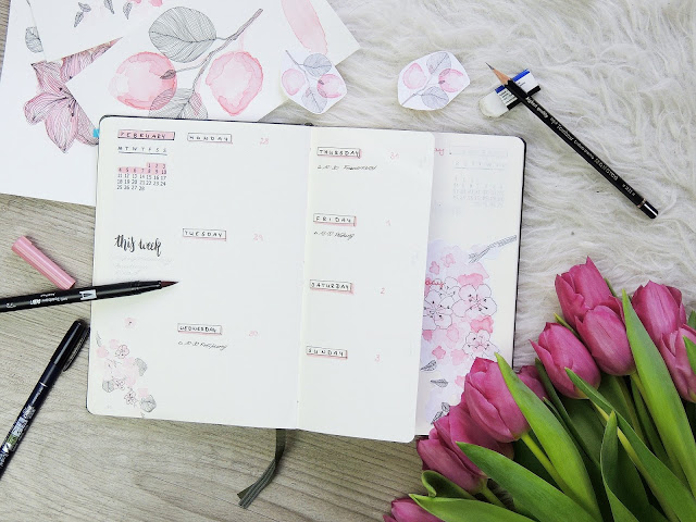 bullet journal weekly spread with dutch door and watercolour paintings of flowers by glitter is black