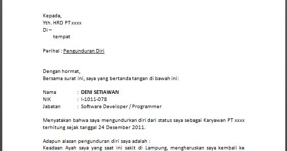 Contoh Contoh Surat Pengunduran Diri Dari Kerja ~ Contoh 