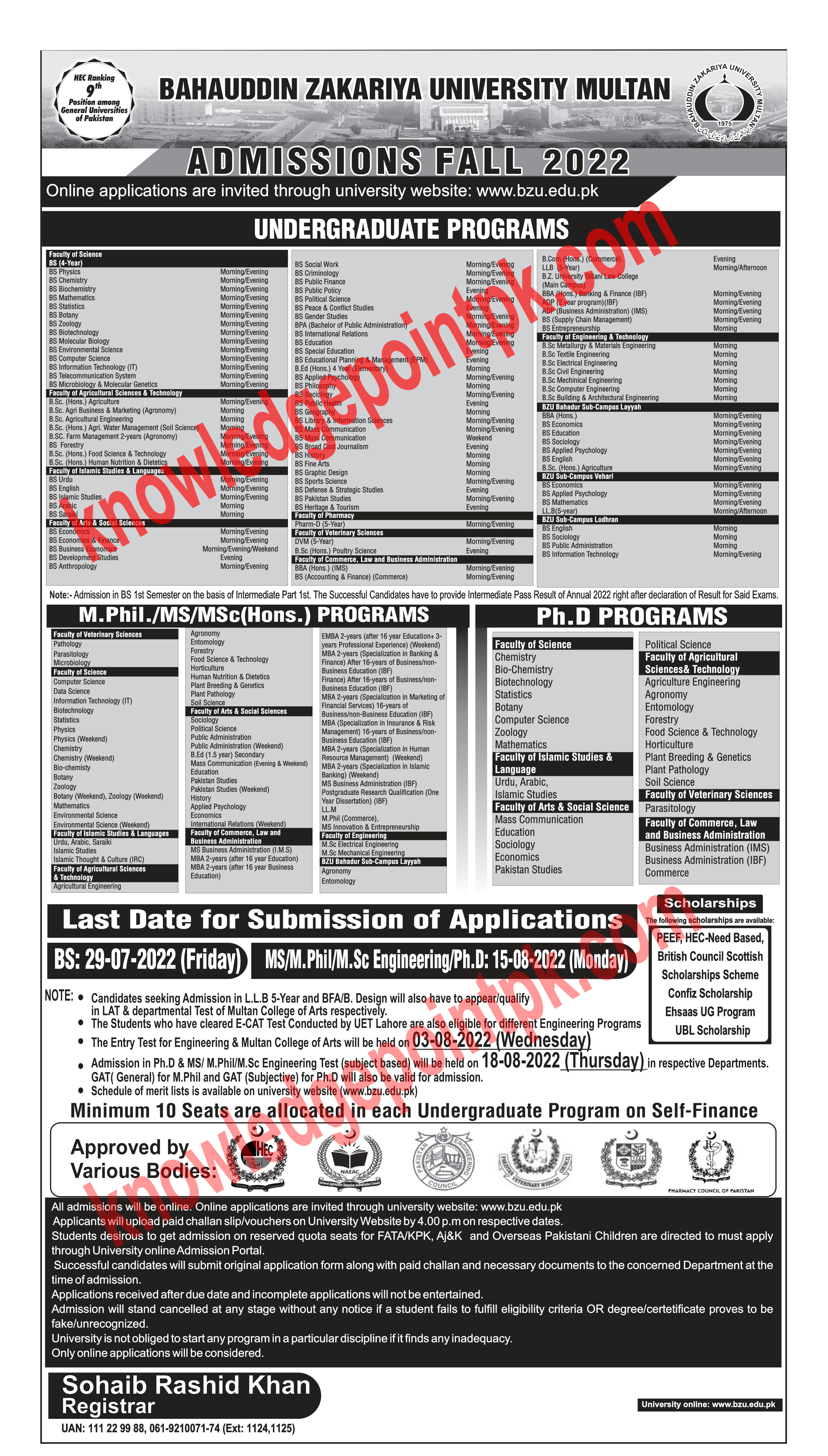 Bahauddin Zakariya University Multan ( BZU)  Multan Announced Admission 2022 for Undergraduate BS Programs