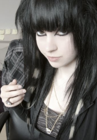Cute emo girl with long black hair, cute heavy bangs and coontails for 