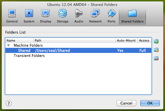 VirtualBox 的 Shared Folders 功能選單