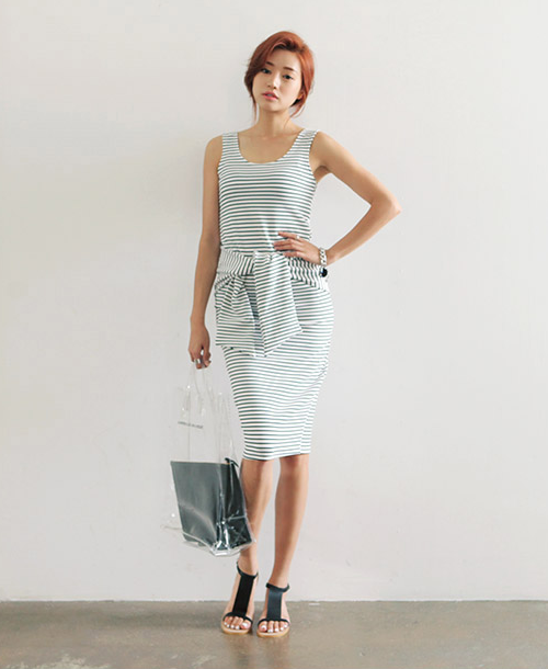 Striped Wrap Tie Front Sleeveless Dress