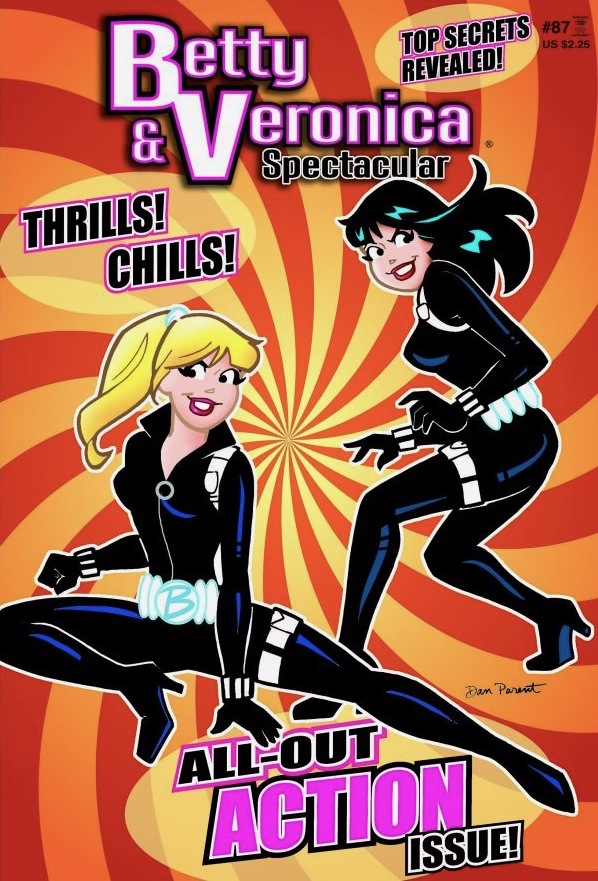 Betty and Veronica posing in sleek black catsuits against swirling background