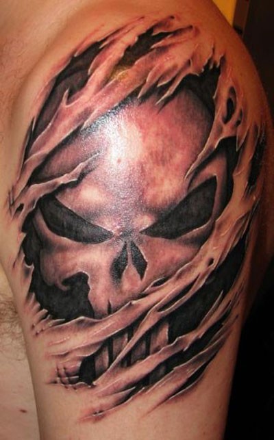 Spooky skull skin rip tattoo