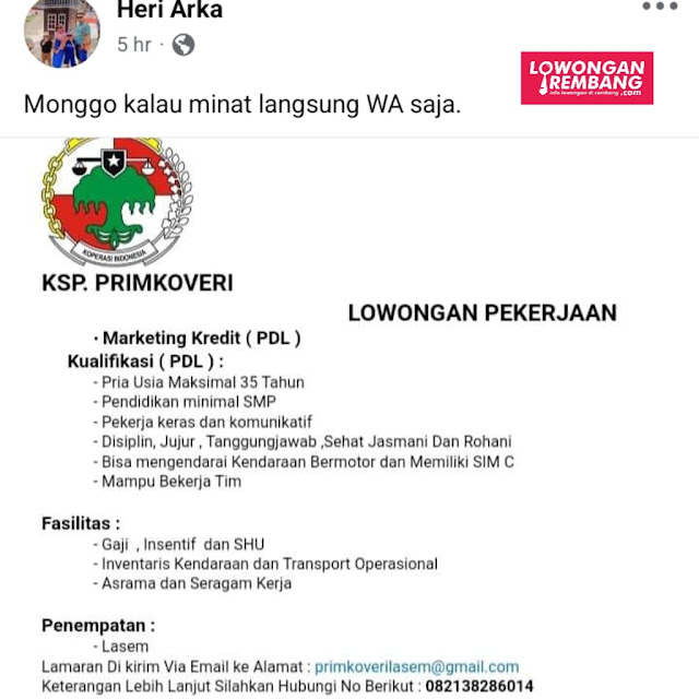 Lowongan Kerja Pegawai Markedit Kredit PDL Primkoveri Rembang