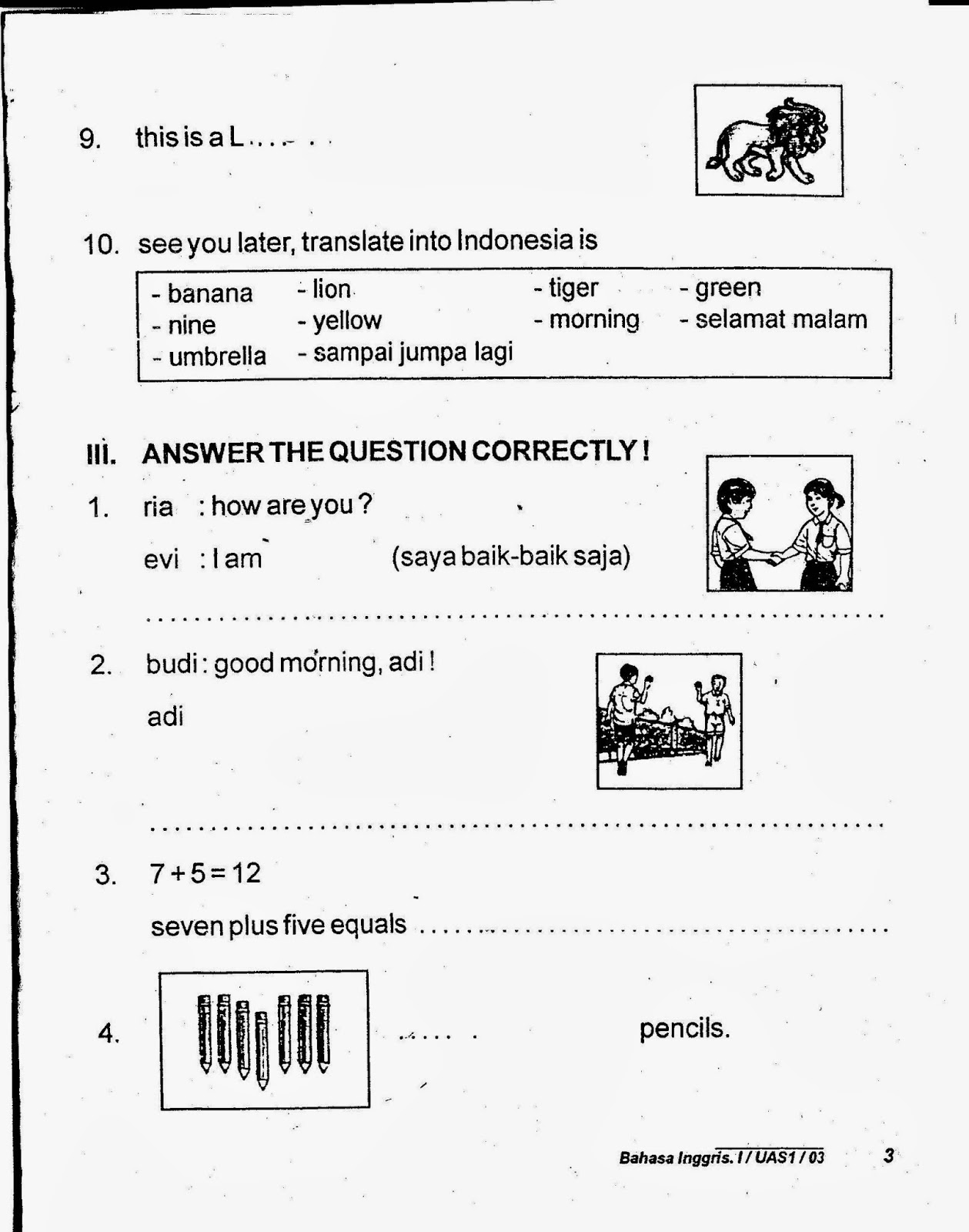 Soal Uas Bahasa Inggris Semester 1 Kelas 1 Sd Mi To S Kom Selamat Datang Di Web Sunar