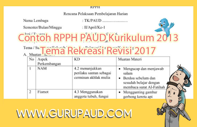 Contoh RPPH PAUD Kurikulum 2013 Tema Rekreasi Revisi 2017