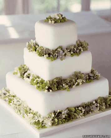 This fondantcovered cake decorated with hydrangeas is made of three 