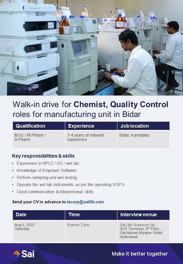 Sai Life Sciences | Walk-in interview at Hyderabad for QC on 6th August 2022