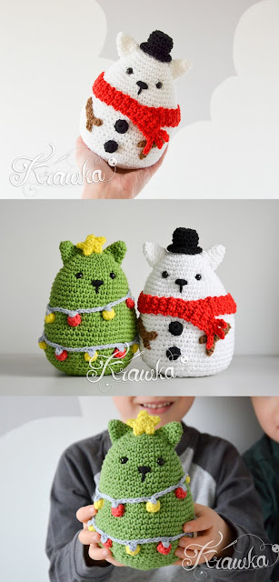 Krawka: Christmas cats crochet patterns Christmas tree and snowman cats - Christmas decoration presents amigurumi pattern by Krawka