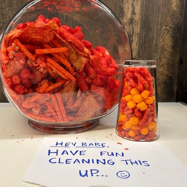 Upside-down Cheetos jar and cup prank.