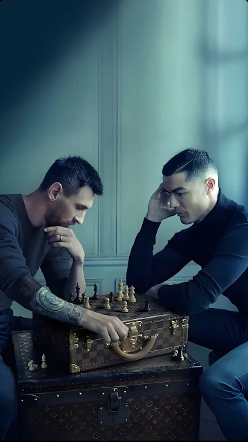4K Wallpaper – Messi vs Ronaldo Playing Chess in Iconic Showdown
