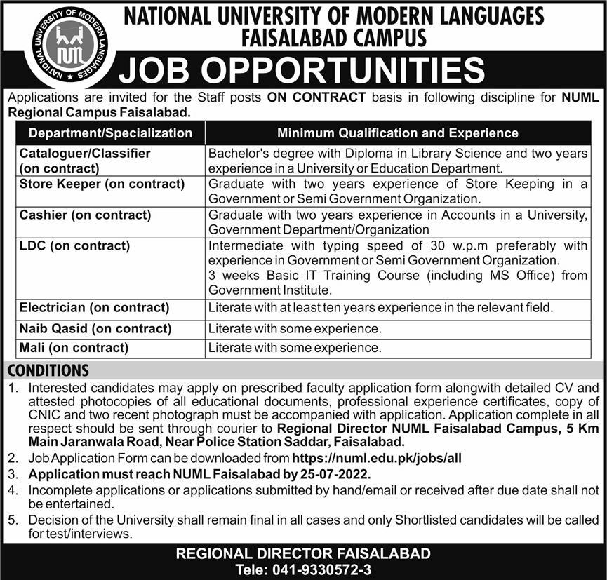 NUML University Faisalabad Campus Jobs 2022 for Classifier 2022 | Pak Jobs