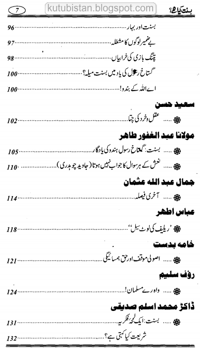 Contents of Basant Kia Hai Pdf Urdu Book by Mufti Abu Lubaba Shah Mansoor