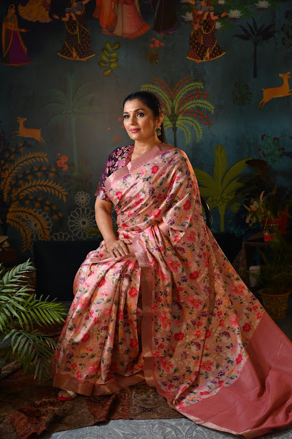 pink floral printed saree