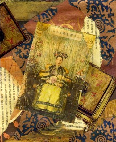 The Chinese empress Tsu Tsi sits on her throne against a background of Asian decorative papers.