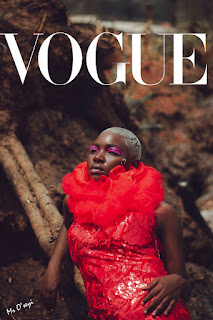 #VogueChallenge image by Seyi. @Mr__Oseyi, showing black person in red dress photoshopped onto Vogue Cover.