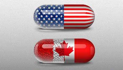 Two pills with one symbolized by U.S. flag and other with Canadian flag