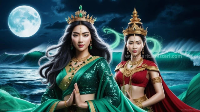 Ilustrasi Nyi Roro Kidul dan pengawal laut selatan dengan latar ombak dan bulan purnama