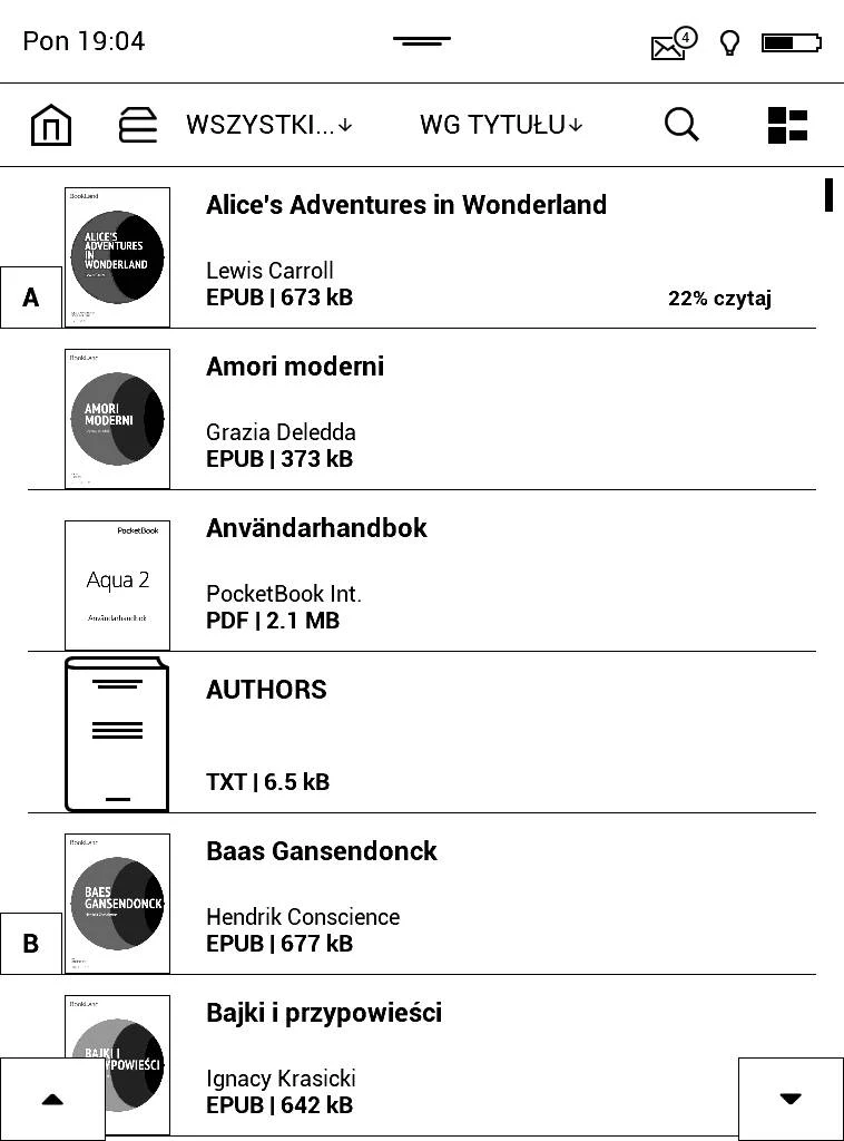 PocketBook Aqua 2 – zrzut ekranu widoku biblioteku w trybie listy