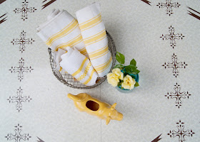 vintage dinette set makeover - yellow cow creamer, blue mason jar, vintage tea towels