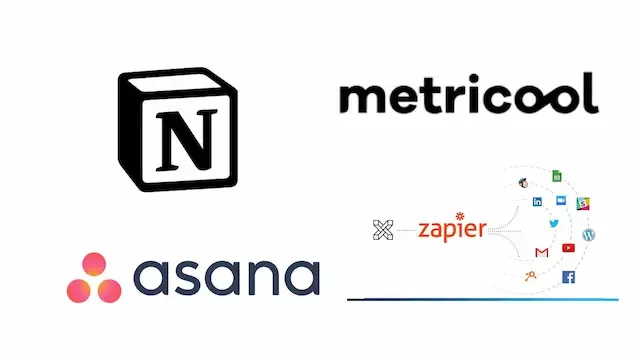 Collage con logos e interfaces de Notion, Asana, Metricool, Zapier
