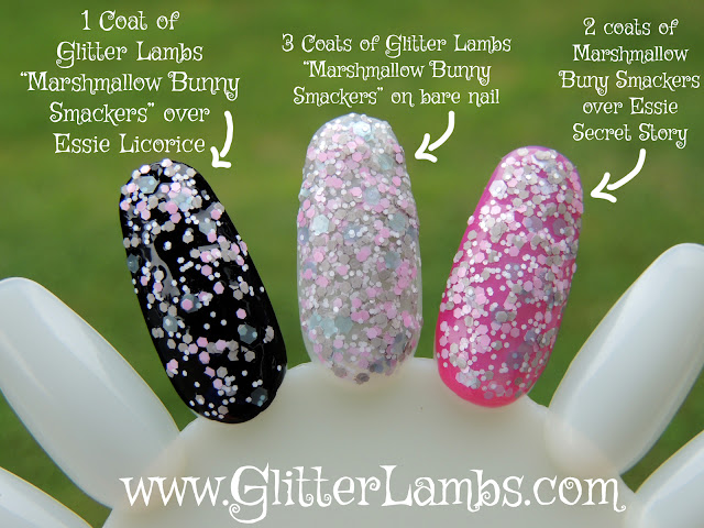 The picture above shows 1 coat Glitter Lambs "Marshmallow Bunny Smackers" over Essie "Licorice", the 2nd nail has 3 coats of Glitter Lambs "Marshmallow Bunny Smackers" on a bare nail, and the 3rd nail has 2 coats of Glitter Lambs "Marshmallow Bunny Smackers" over Essie "Secret Story".