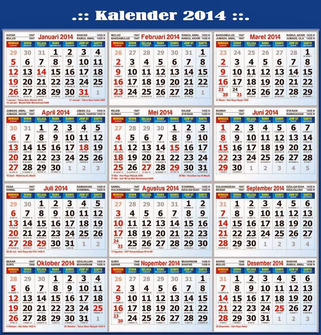Kalender 2014 Hari Libur Indonesia Dan Jawa Lengkap 