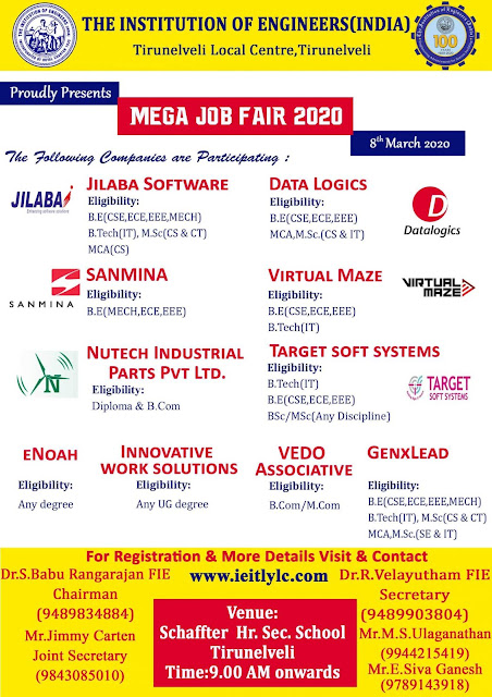 Tirunelveli Mega Private Job Fair on 8th March 2020 at Schaffter School