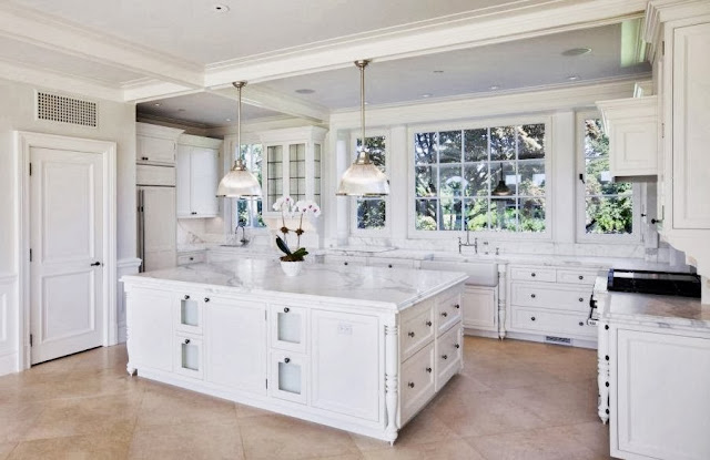 white kitchen carrara marble counters island mansion large home