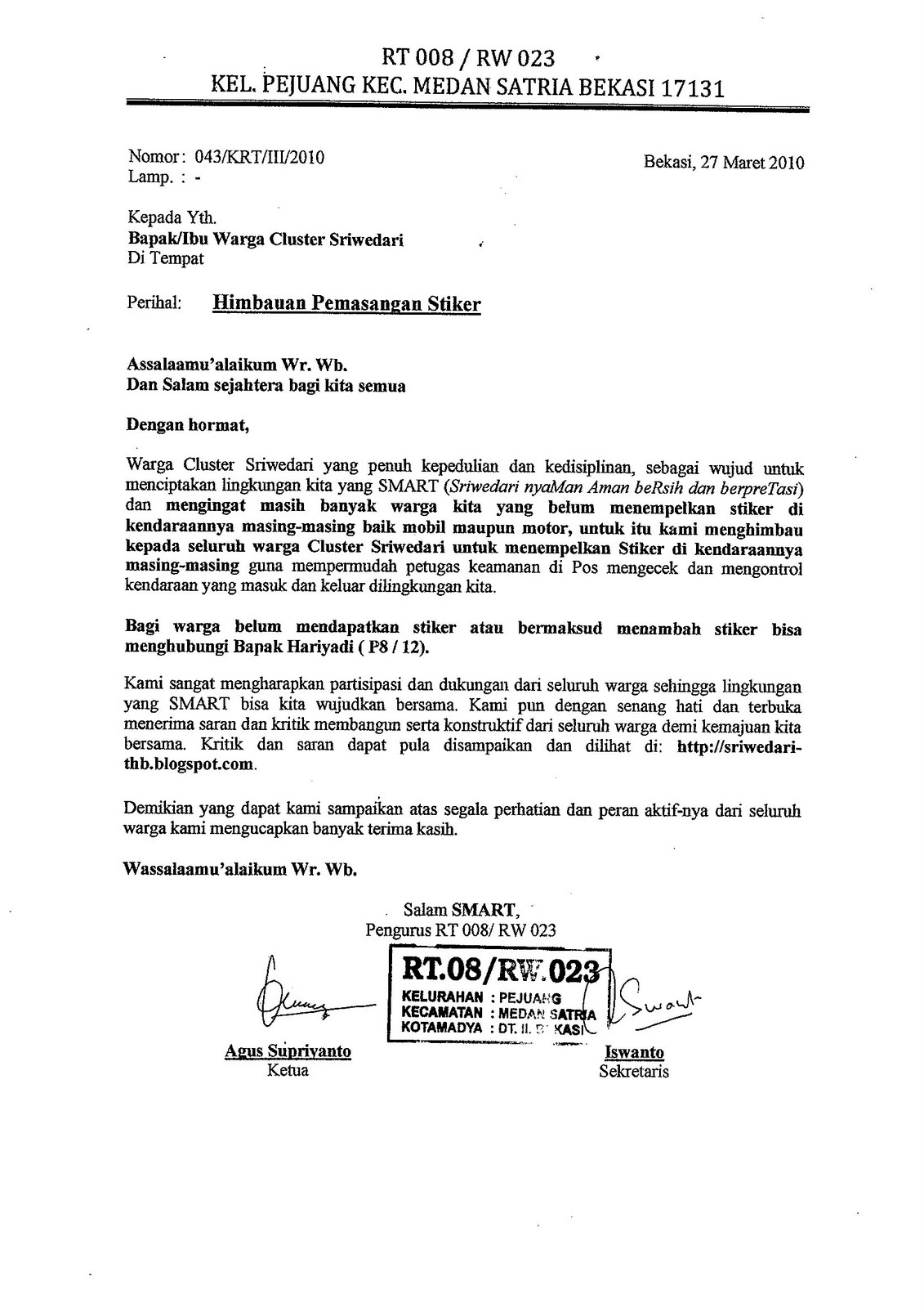 Contoh Surat Tagihan Iuran Bulanan