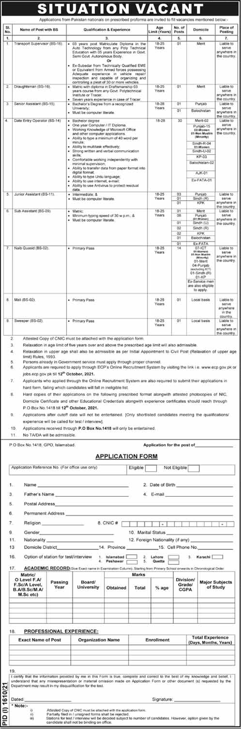 Election Commission of Pakistan ECP Today Latest  Jobs 2021 | PO Box 1418 Jobs