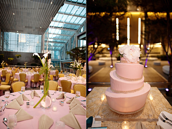 Pink wedding reception motiff and elegant wedding cakes