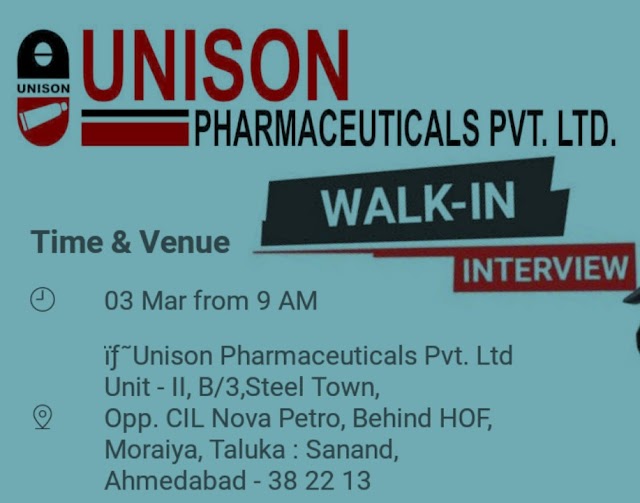 Unison Pharmaceuticals | Walk-in Drive for Research & Development | 3rd March 2019 | Ahmedabad