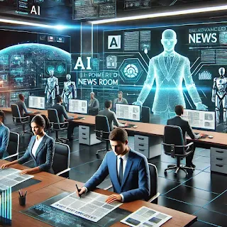 "Futuristic AI-powered newsroom with journalists working alongside holographic displays, robots, and advanced digital interfaces."