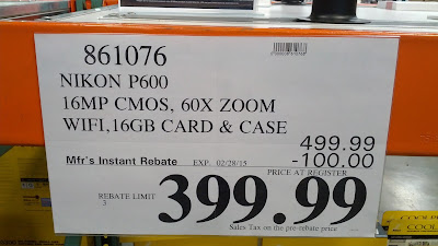 Costco offers additional savings with a rebate for the Nikon Coolpix P600 16MP, 16GB memory card, and case bundle