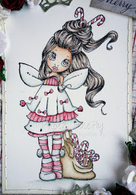 Cosy Christmas card in red and grey with candy cane fairy