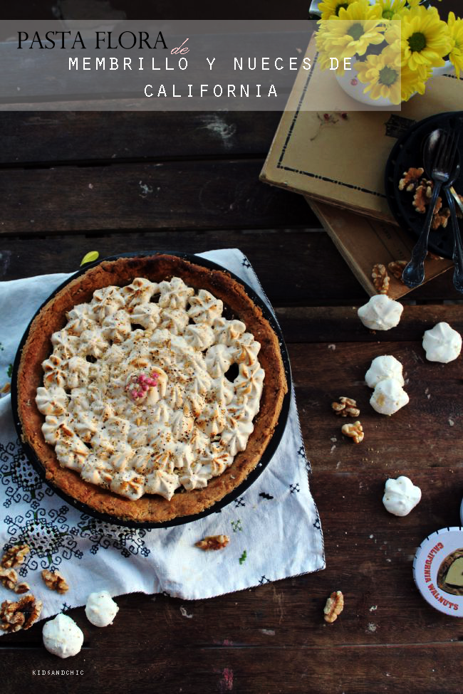 Pastaflora de membrillo , merengue  y nueces de california  