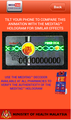 Aplikasi semak label Hologram Meditag melalui telefon 