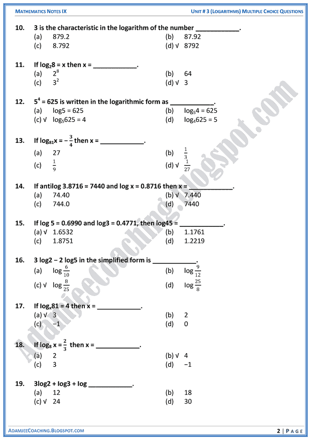 Adamjee Coaching: Logarithms - MCQs - Mathematics Notes ...