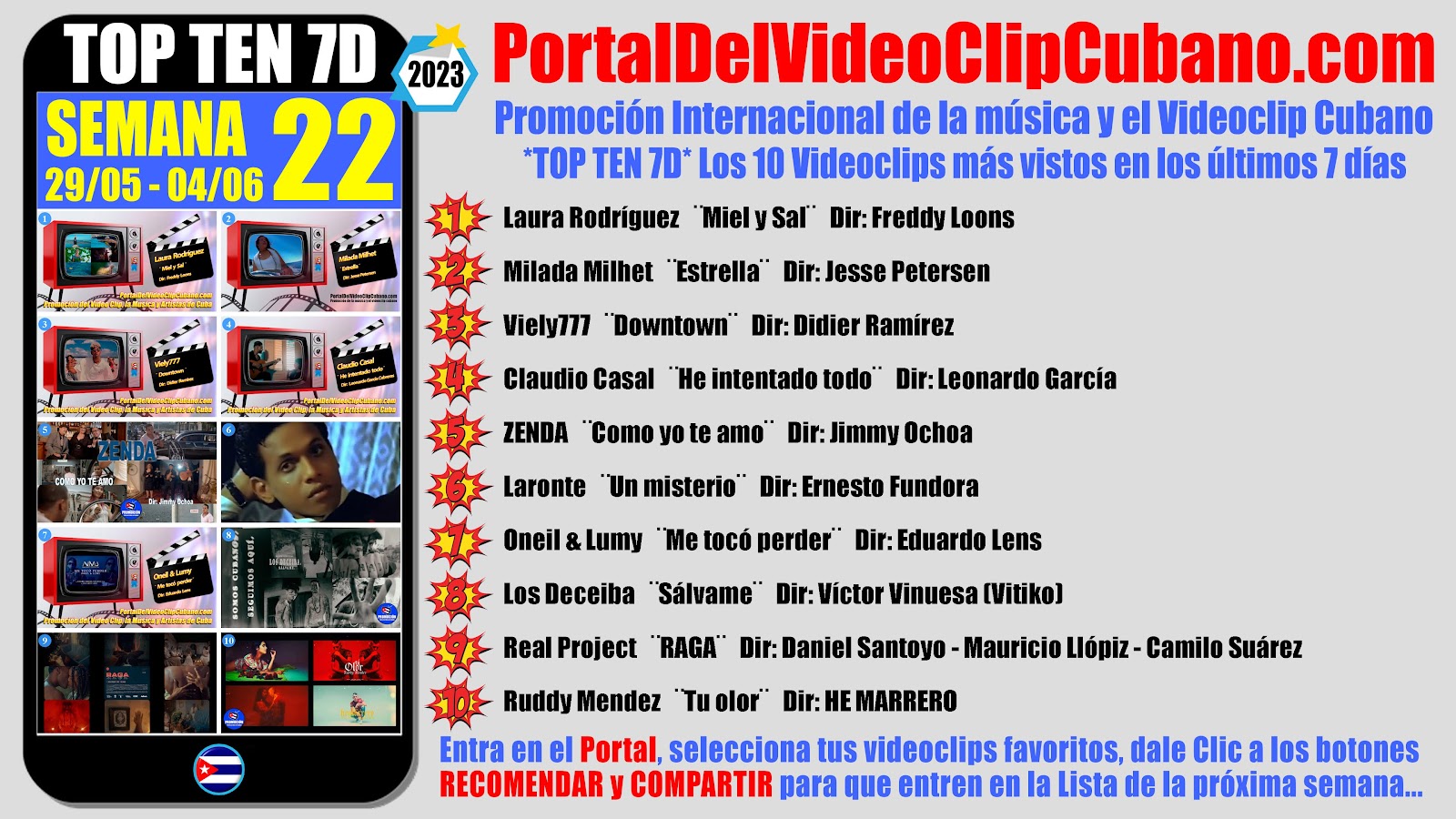 Artistas ganadores del * TOP TEN 7D * con los 10 Videoclips más vistos en la semana 22 (29/05 a 04/06 de 2023) en el Portal Del Vídeo Clip Cubano