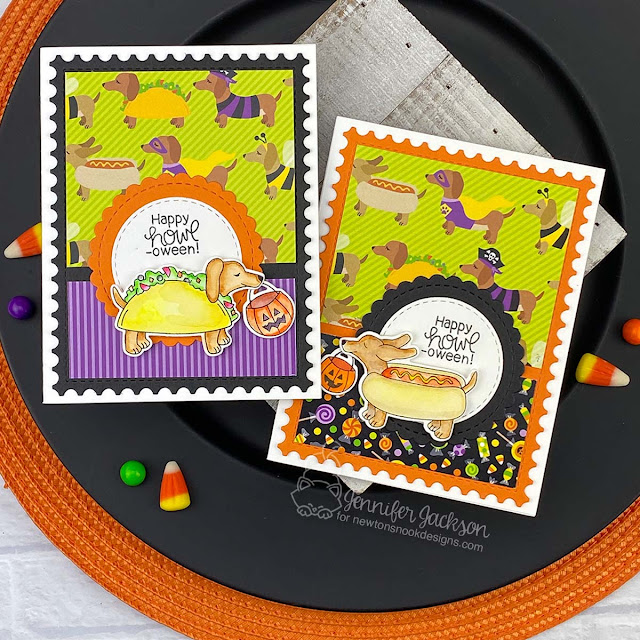 Matching Papers + Stamps! Halloween Cards by Jennifer Jackson | Dress-Up Doxies Stamp Set, Circle Frames Die Set, Halloween Woofs Paper Pad and Framework Die Set by Newton's Nook Designs #newtonsnook #handmade