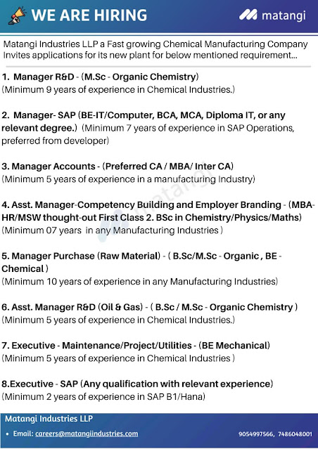 Matangi Industries Hiring For Production/ R&D/ GET/ HR & Admin/ Electrical/ Instrumentation/ SAP/ IT/ Maintenance/ Utility/ Purchase