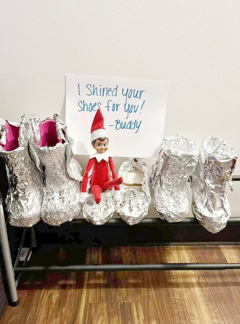 elf shined shoes with alfoil.