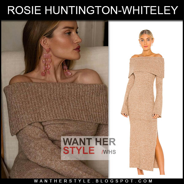 Rosie Huntington-Whiteley in brown off shoulder knit dress