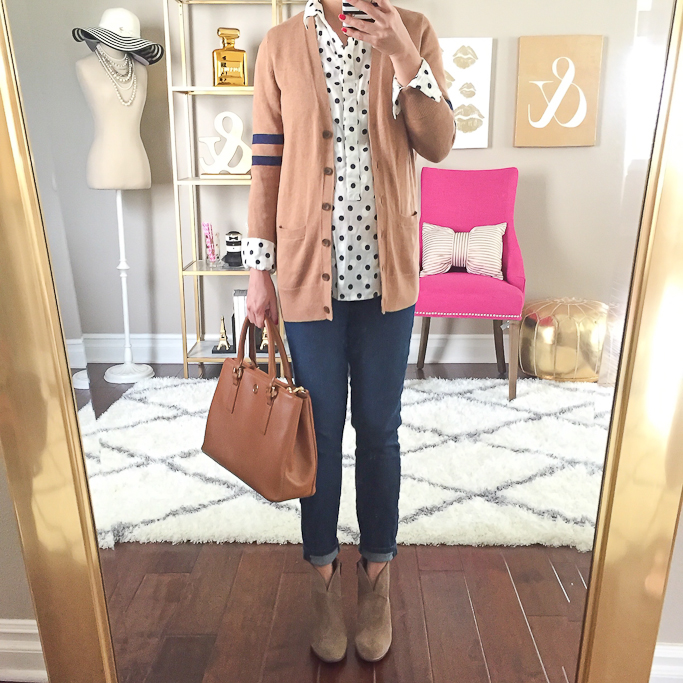 J.Crew polka dot popover shirt, Nordstrom collegiate petite cardigan, Paige Denim kylie crop maternity jeans, Tory Burch Mini Robinson tote in luggage, Vince Camuto franell western ankle booties