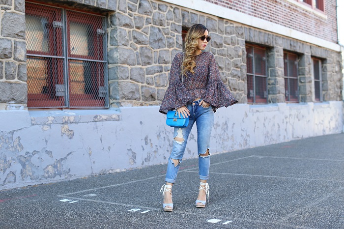 Chicwish Wine Floret Top with Flare Sleeves, blank denim distressed jeans, sole soceity sandals, valentino lock bag, komono sunglasses, baublebar earrings, nyc street style, spring outfit ideas