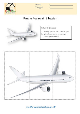 Lembar Kerja Paud Puzzle Pesawat 3 Bagian
